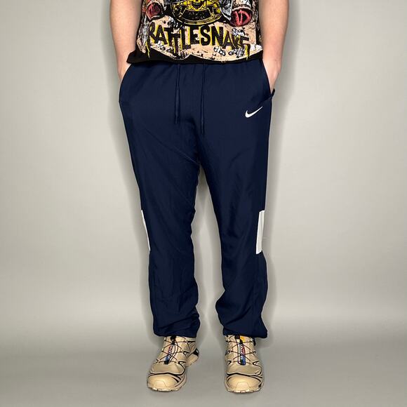 Vintage Y2K Nike Track Pants Mens L Navy Blue White Swoosh Polyester Sweatpants - Picture 2 of 4